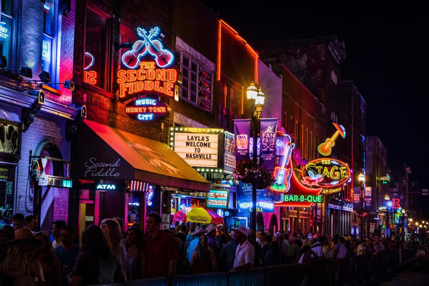 Laminated Nashville TN Neon Music Scene Night Photo Poster Bar Restaurant Street Neon Signs Concert Crowds Photograph Poster Dry Erase Sign 12x18