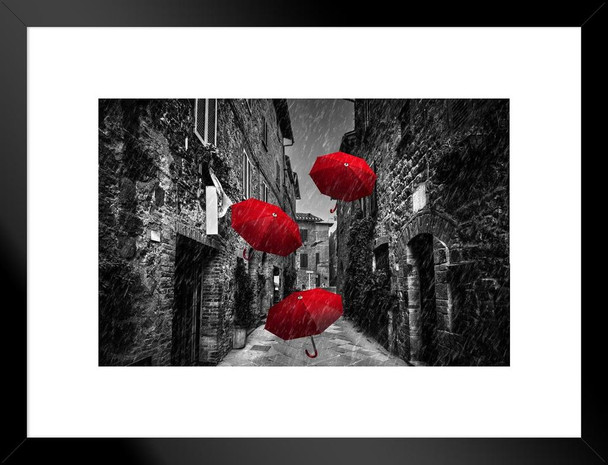 Umrbellas Flying Wind And Rain Cobblestone Street Tuscany Italy Matted Framed Art Print Wall Decor 26x20 inch