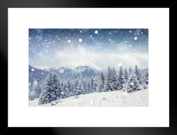 Snowy Winter Night Mountain Forest Starry Sky Pine Trees Photo Matted Framed Art Print Wall Decor 26x20 inch