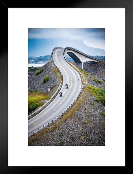 Atlantic Road Storseisundet Bridge Two Bikers On Motorcycles Photo Matted Framed Art Print Wall Decor 20x26 inch