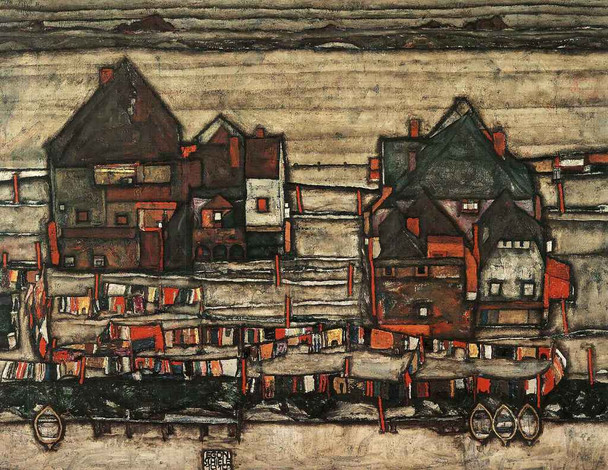 Egon Schiele Houses With Laundry Suburb Fine Art Print Schiele Wall Art Cubism Expressionism Artwork Style Abstract Symbolist Oil Painting Canvas Home Decor Cool Wall Decor Art Print Poster 12x18