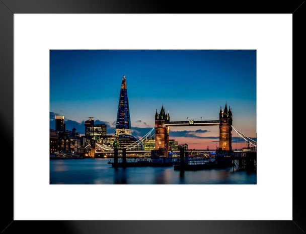 Tower Bridge and London Skyline Illuminated at Night Photo Matted Framed Art Print Wall Decor 26x20 inch