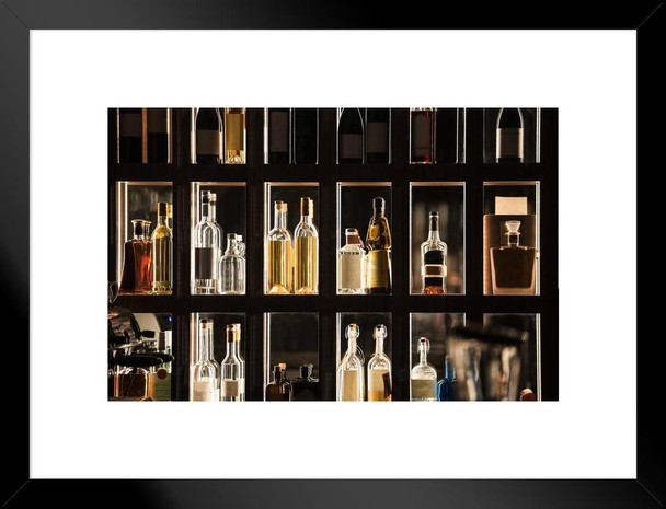 Alcohol Beverages Bar Shelf Illuminated Display Photo Matted Framed Art Print Wall Decor 26x20 inch