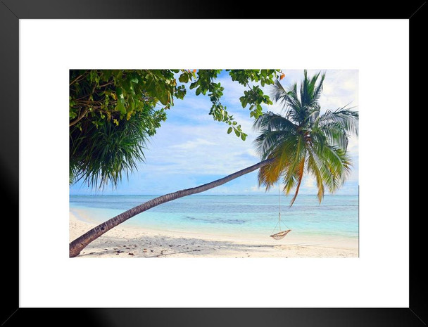 Paradise Tropical Beach Leaning Palm Tree Hammock Rope Swing Overlooking Ocean Photo Matted Framed Art Wall Decor 26x20