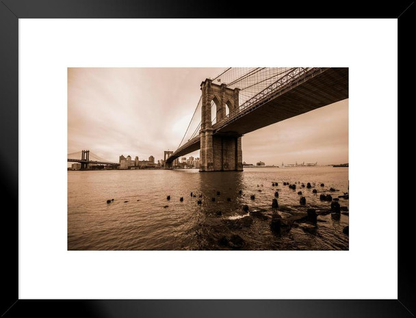 Brooklyn Bridge Over East River Against Cloudy Sky Photo Matted Framed Art Print Wall Decor 20x26 inch