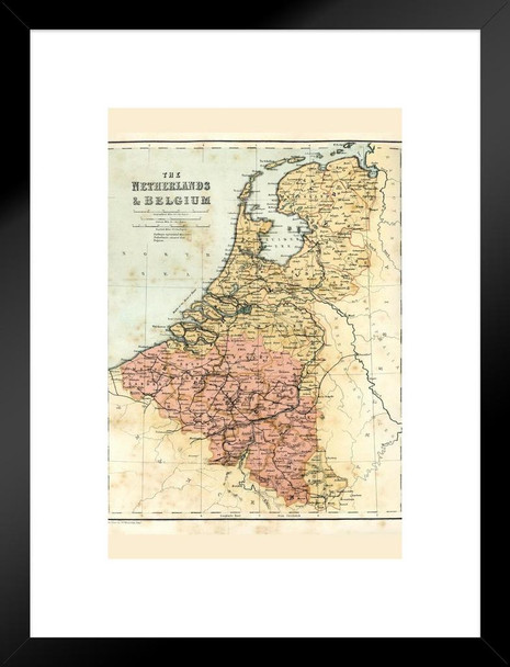 Netherlands and Belguim 19th Century Antique Style Map Travel World Map with Cities in Detail Map Posters for Wall Map Art Wall Decor Geographical Illustration Matted Framed Art Wall Decor 20x26