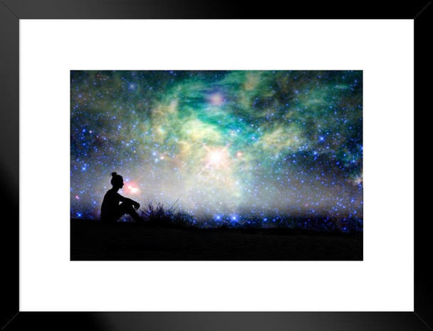 Silhouette Of A Woman Sitting Outside Starry Night Background Matted Framed Art Print Wall Decor 26x20 inch