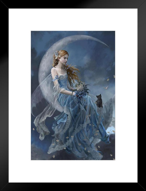 Fairy Sitting On Wind Moon by Nene Thomas Fantasy Poster Black Cat Princess Magical Matted Framed Art Wall Decor 20x26