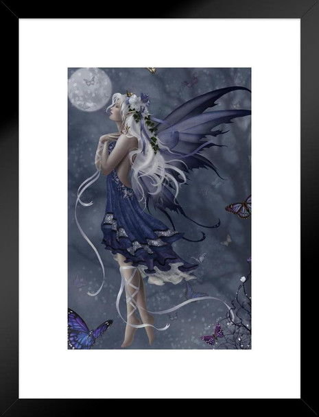 Blue Nocturne Fairy Floating Butterflies by Nene Thomas Fantasy Poster Beautiful Butterfly Nature Magical Matted Framed Art Wall Decor 20x26