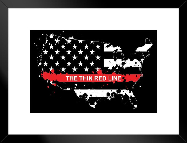 Thin Red Line Flag USA Map Memorial Matted Framed Art Wall Decor 26x20