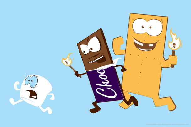 SMores Chocolate and Graham Cracker Chasing Marshmallow Humor Cool Wall Art Print Poster 18x12
