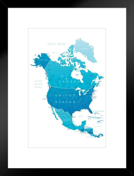 Detailed Map of North America United States Canada Mexico Reference Matted Framed Art Print Wall Decor 20x26 inch