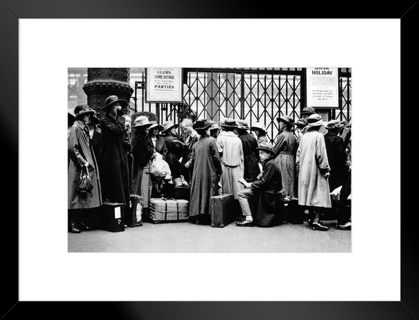 Holiday Crowd Waiting with Suitcases at Railroad Station Photo Matted Framed Art Print Wall Decor 26x20 inch