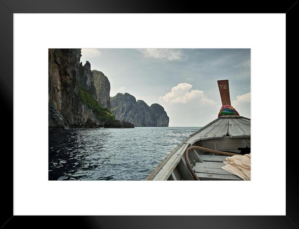 Long Tail Boat Along Coast of Phi Phi Islands Thailand Photo Matted Framed Art Print Wall Decor 26x20 inch