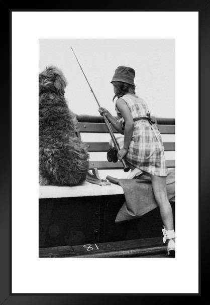 Casting Out Little Girl Dog Fishing 1934 Photo Poster Vintage Gone Fishin Sports Black and White Photograph Matted Framed Art Wall Decor 20x26