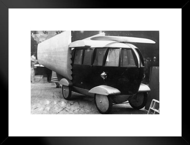 Three In One Airplane Boat Car Bizarre Vehicle Black and White Photo Matted Framed Art Print Wall Decor 26x20 inch