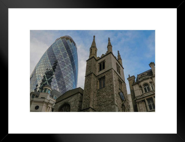 Old and New The Gherkin London England Skyline Photo Matted Framed Art Print Wall Decor 26x20 inch
