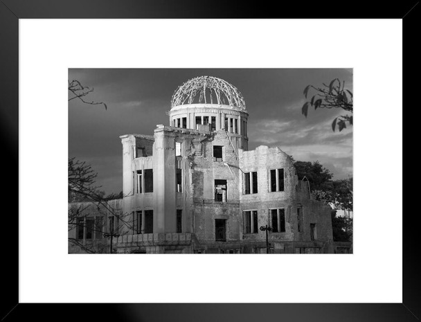 Atomic Bomb Dome at Hiroshima Peace Memorial B&W Photo Matted Framed Art Print Wall Decor 26x20 inch