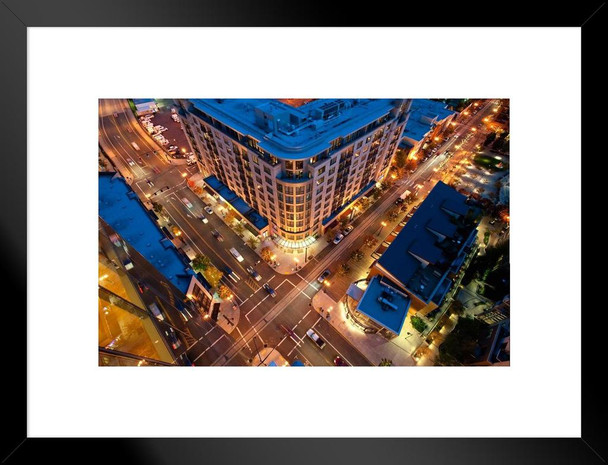 View of Downtown Portland Oregon at Dusk Photo Photograph Matted Framed Art Wall Decor 26x20