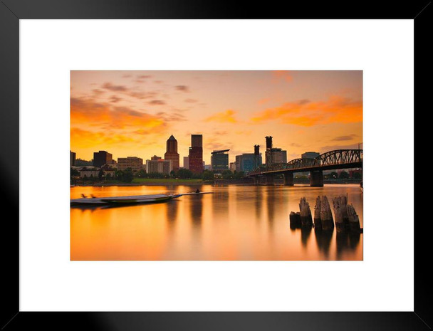 Portland Oregon City Skyline at Sunset Reflection Photo Photograph Landscape Pictures Ocean Scenic Scenery Nature Photography Paradise Scenes Matted Framed Art Wall Decor 26x20