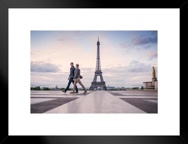 Couple Walking Near Eiffel Tower Paris France Photo Matted Framed Art Print Wall Decor 26x20 inch