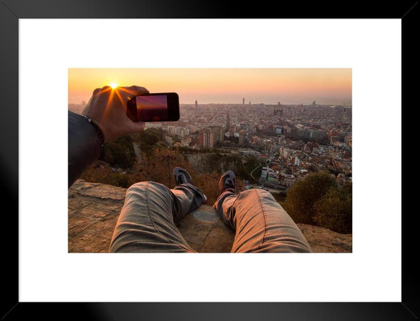 Man from POV Taking Photos of Barcelona Sunrise Photo Matted Framed Art Print Wall Decor 26x20 inch