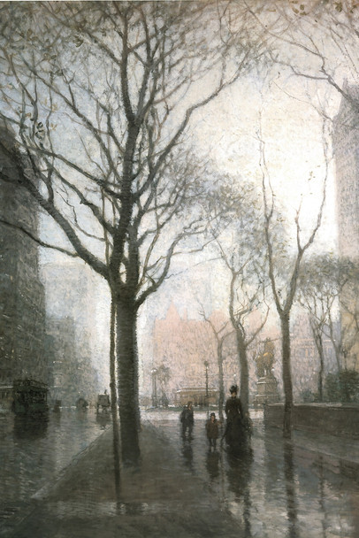 Paul Cornoyer Plaza After The Rain Cityscape Painting Poster 1908 Muted Color Impressionist Canvas Cool Wall Art Print Poster 12x18
