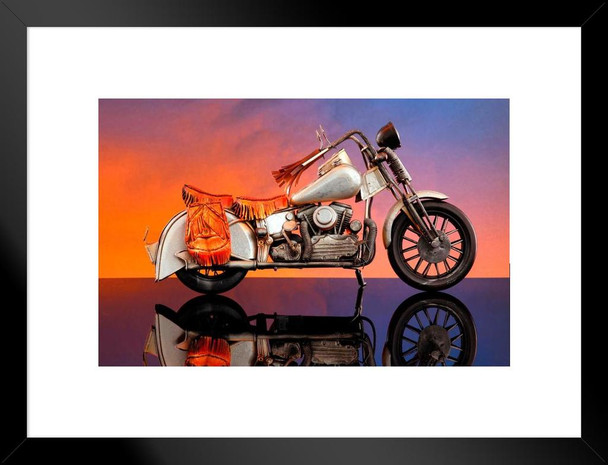 Scaled Vintage Chopper Motorcycle with Saddlebags Photo Matted Framed Art Print Wall Decor 26x20 inch
