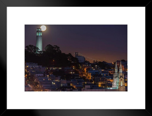 Moon Over Telegraph Hill San Francisco Skyline Photo Matted Framed Art Print Wall Decor 26x20 inch