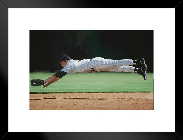 Baseball Player in Mid Air Catching Ball Photo Matted Framed Art Print Wall Decor 26x20 inch