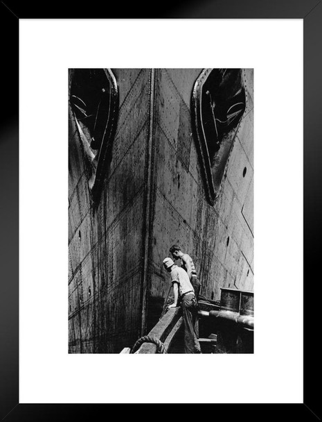 Workers Examining an Ocean Liners Bow Archival Photo Matted Framed Art Print Wall Decor 20x26 inch