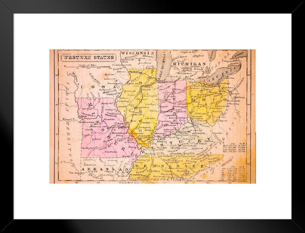 Western States of United States Antique Style Map US Map with Cities in Detail Map Posters for Wall Map Art Wall Decor Country Illustration Travel Destinations Matted Framed Art Wall Decor 26x20