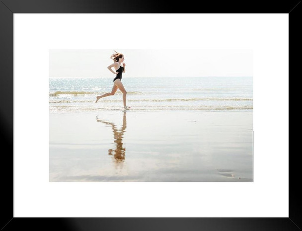 Woman Jogging on the Beach Inspirational Photo Matted Framed Art Print Wall Decor 26x20 inch