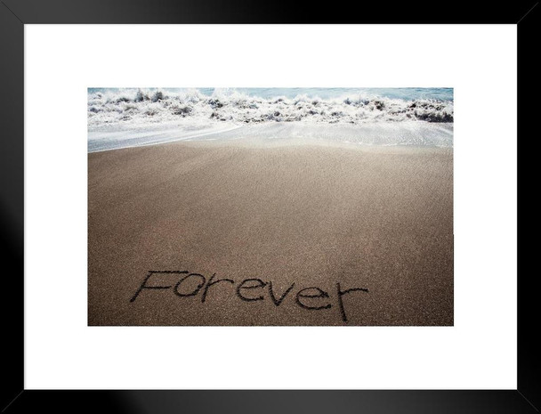 Forever Written in Sand on Beach Inspirational Photo Photograph Sunset Palm Landscape Pictures Ocean Scenic Scenery Tropical Nature Photography Motivational Matted Framed Art Wall Decor 26x20