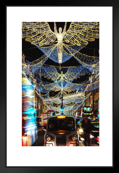 London Taxi Under Christmas Lights at Night Photo Matted Framed Art Print Wall Decor 20x26 inch