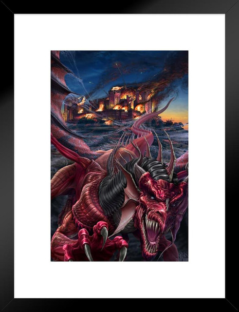 Dragons Night Fire Burning Castle By Tom Wood Fantasy Poster Fierce Red Dragon Breathing Fire Matted Framed Art Wall Decor 20x26