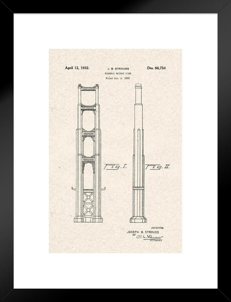 Golden Gate Bridge Highway Pier Official Patent Diagram Matted Framed Art Print Wall Decor 20x26 inch