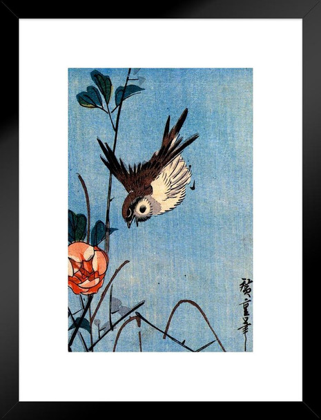 Utagawa Hiroshige Sparrow and Wild Roses Japanese Art Poster Traditional Japanese Wall Decor Hiroshige Woodblock Landscape Artwork Animal Nature Asian Print Matted Framed Art Wall Decor 20x26