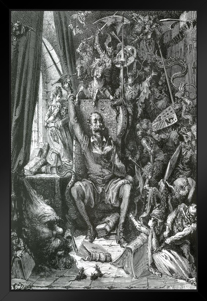 Gustave Dore Don Quixote In His Library French Printmaker Black And White Illustration Matted Framed Wall Art Print 20x26