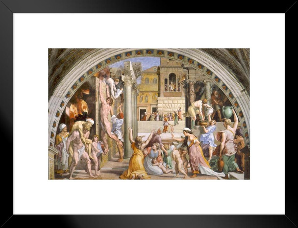 Raphael Fire In The Borgo Italian Poster 1515 High Renaissance Vatican Palace Italy Fresco Painting Matted Framed Art Wall Decor 26x20