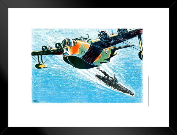 WPA War Propaganda British Short Sunderland Flying Boat Patrolling Sea Lanes Matted Framed Wall Art Print 26x20