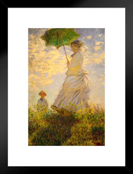 Claude Monet Poster Woman With Parasol 1875 Madame Monet and Her Son The Stroll Painting Matted Framed Art Wall Decor 20x26