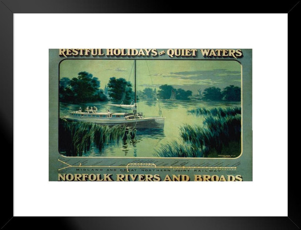 Norfolk Rivers And Broads England Vintage Illustration Travel Art Deco Vintage French Wall Art Nouveau 1920 French Advertising Vintage Poster Prints Matted Framed Art Wall Decor 20x26