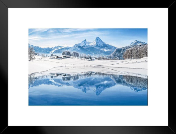 Winter Wonderland Alps Reflecting in Mountain Lake Photo Matted Framed Art Print Wall Decor 26x20 inch