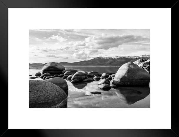 Stones Rocks Reflecting Water Lake Tahoe California Black White Photo Photograph Beach Sunset Landscape Pictures Scenic Scenery Nature Photography Paradise Matted Framed Art Wall Decor 26x20