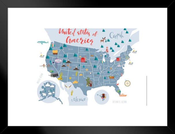 United States Of America Map With State Symbols US Map with Cities in Detail Map Posters for Wall Map Art Wall Decor Country Illustration Tourist Destinations Matted Framed Art Wall Decor 26x20