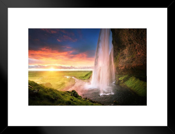 Seljalandsfoss Waterfall at Sunset Iceland Photo Matted Framed Art Print Wall Decor 20x26 inch