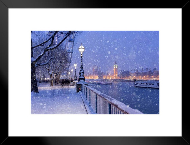 Snowing on Jubilee Gardens in London at Dusk Photo Matted Framed Art Print Wall Decor 26x20 inch