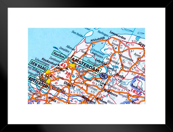 Map of Amsterdam Netherlands North Holland Close Up Travel World Map with Cities in Detail Map Posters for Wall Map Art Wall Decor Tourist Travel Destinations Matted Framed Art Wall Decor 26x20