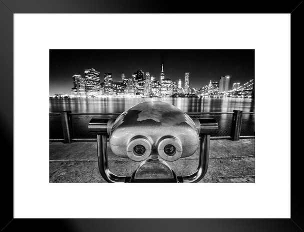 New York City NYC Skyline from Brooklyn Coin Operated Binoculars Photo Matted Framed Art Print Wall Decor 26x20 inch
